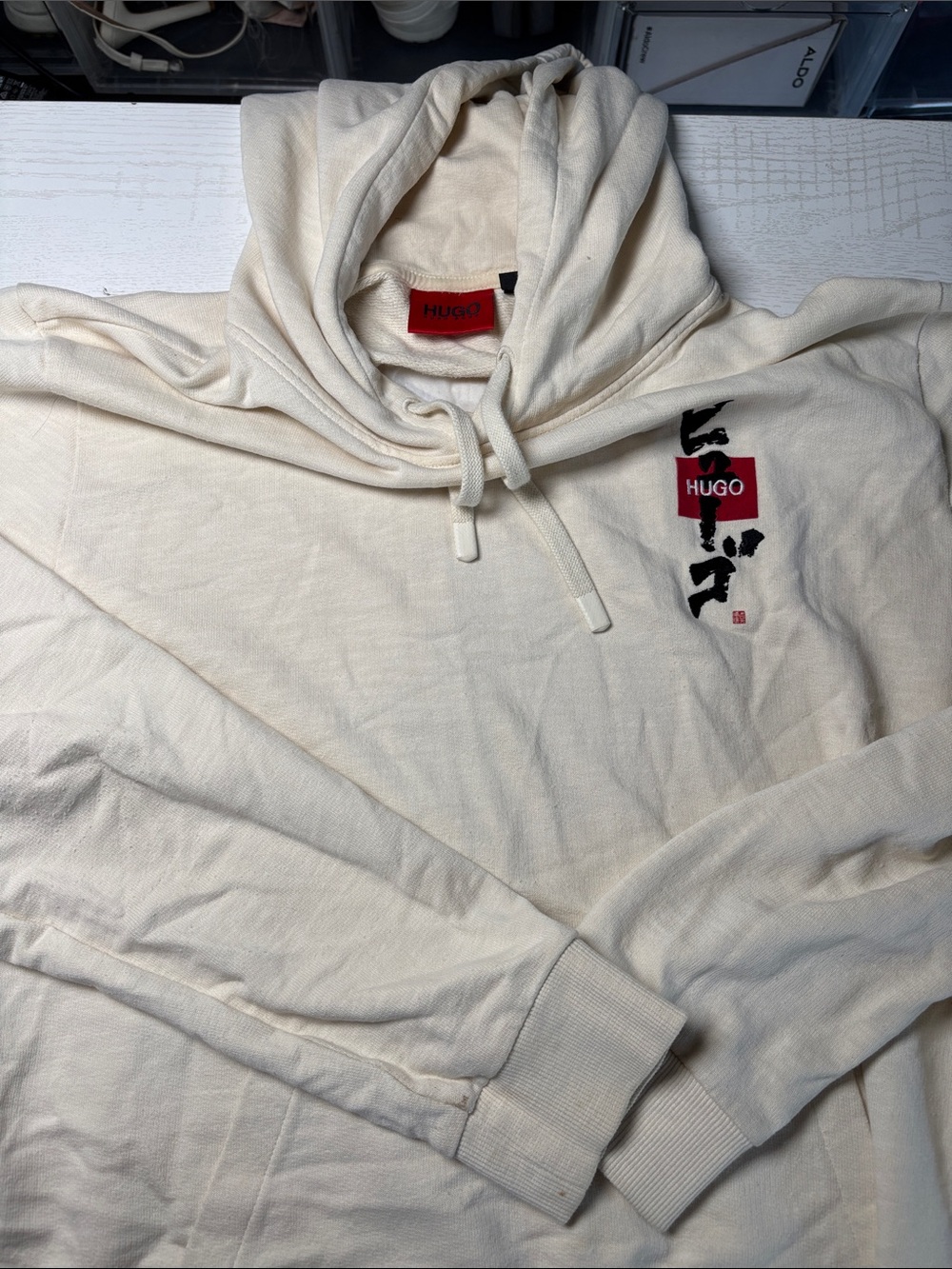 HUGO Cream Hoodie with Red Logo Block and Black Graphic